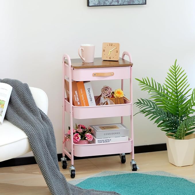 AGTEK Makeup Organizer Cart with Drawer, 3-Tier Metal Utility Cart with Hanging Cups, Leather Handle, Mobile Trolley for Home & Office, Pink