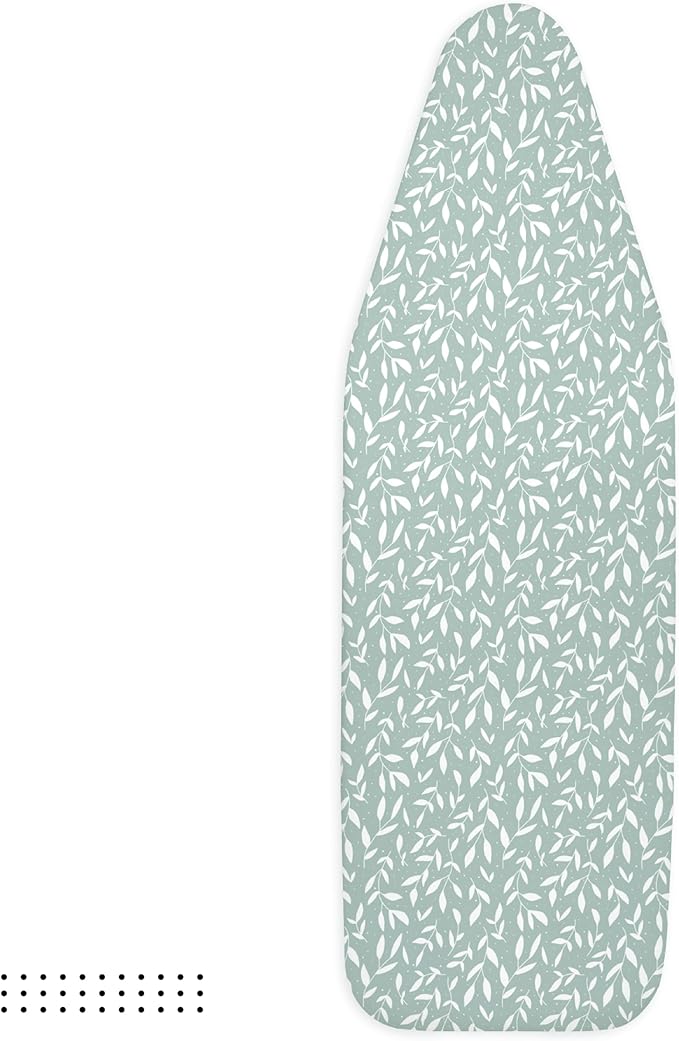 Encasa XO Ironing Board Cover and Pad 49"x18" - Thick 3mm Felt Padding, Drawstring Tightening & Lock, Easy Fit, Scorch & Stain Resistant, Fits Wide Ironing Board - Green Leaflet