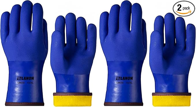 LANON PVC Coated Cold Proof Heavy Duty Gloves, Waterproof Warm Work Gloves for Freezer Work, Chemical & Oil Resistant, Non-Slip, Large (Pack of 2)