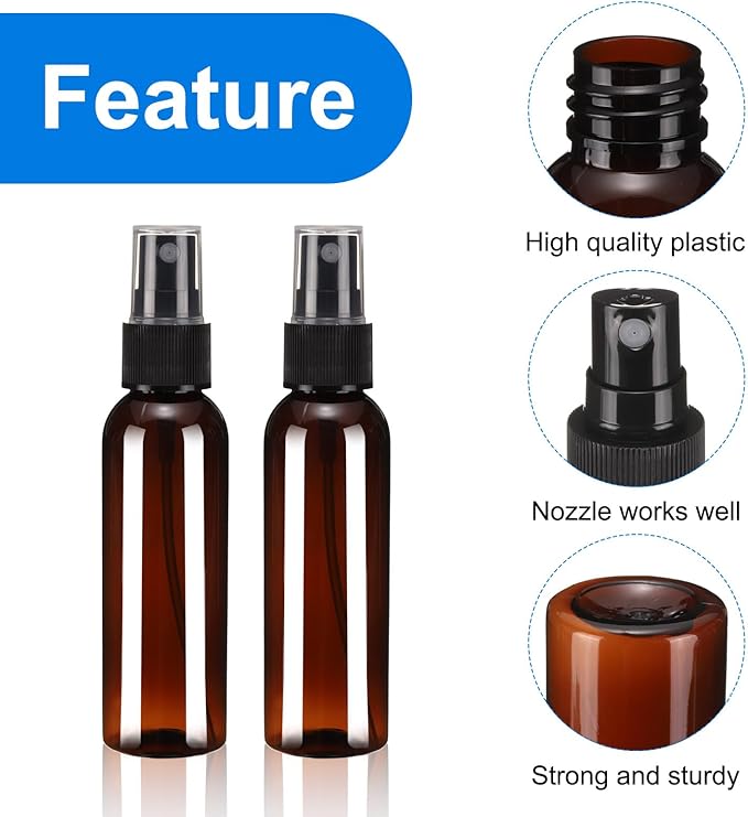 uxcell 20 Pack Spray Bottles, 2Oz/60ML Reusable Clear Empty Mist Plastic Mini Travel Bottle Set,Small Refillable Liquid Containers for Household Use, Essential Oil, Cleaning (Brown Black)