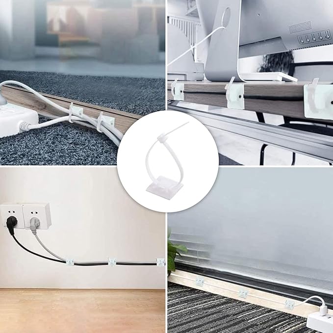 Strong Back-Glue Self Adhesive Cable Zip Tie Mounts Kit - 100 Set Cable Management Clips with 6" Zip Ties, Wire Holders - Outdoor Sticky Wire Organizer Clips - White