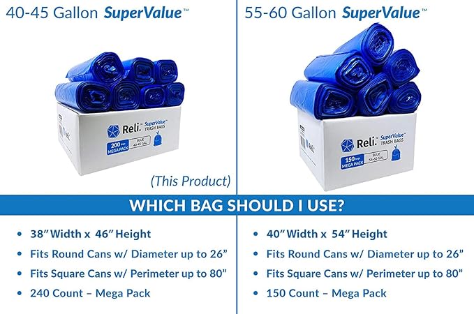 Reli. SuperValue 40-45 Gallon Recycling Bags | 200 Count | Blue Trash Bags | Made in the USA