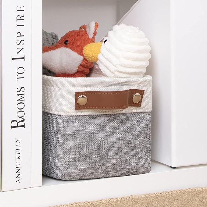 DULLEMELO Fabric Bathroom Storage Bin with Leather Handles, Narrow Organizer for Towels, Toilet Paper Rolls, Storage Basket for Back of Toilet, Vanities, Shelves & Cabinets (White&Gray)
