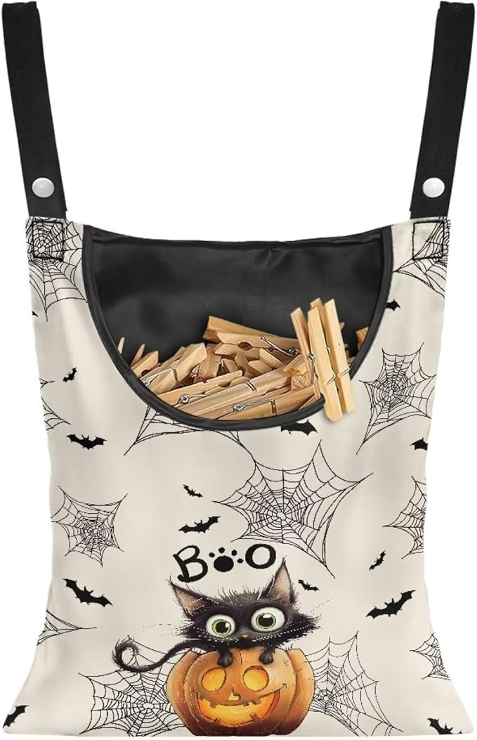 Cute Cat Space-Saving Laundry Clothespin Bag Pumpkin Waterproof Polyester Material, 2 Rope for Hanging and Effortlessly Sliding on The Clothesline Clothespin Holder for Outdoor