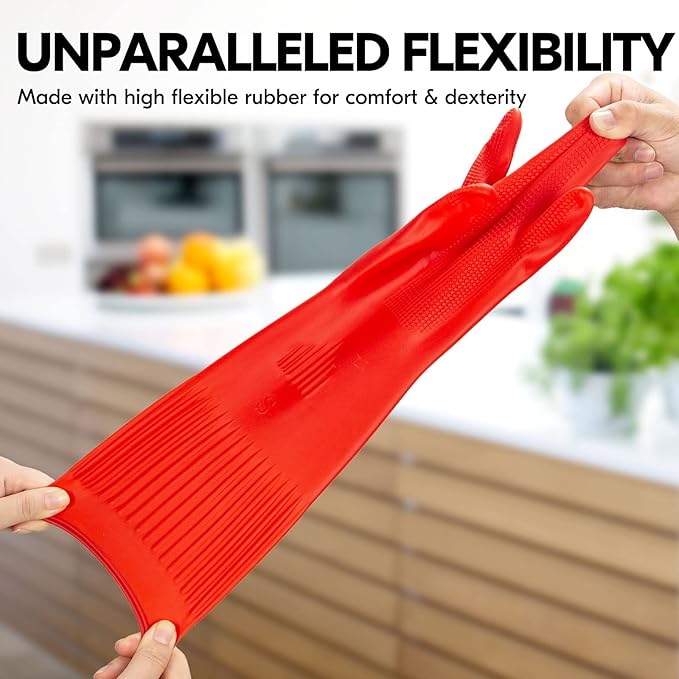 Vgo... 1-Pair Dishwashing Gloves, Reusable Household Gloves, Long Sleeve, Thick Latex, Cleaning, Washing, Working, Painting, Gardening, Pet Care (Size L, Red, RB2143)
