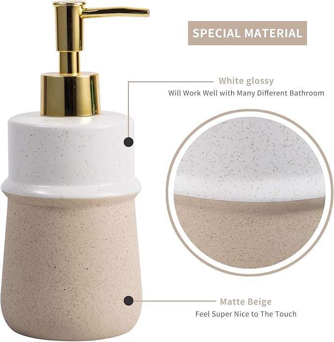 Beige Ceramic Soap Dispenser for Kitchen, Refillable Hand Dispenser with Rust Proof Stainless Steel Pump, 12Oz Lotion Dispenser Bathroom for Dish Soap, Hand soap.