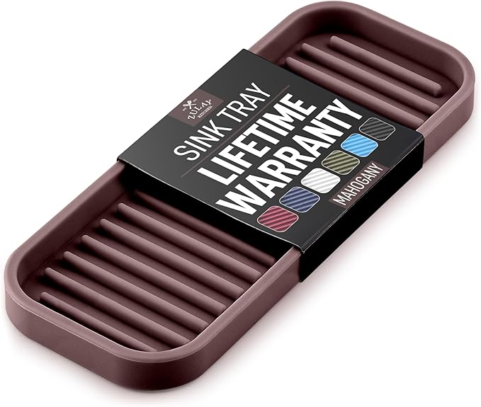 Zulay Kitchen (9x3.5) Silicone Sponge Holder for Kitchen Sink - Flexible Multipurpose Soap Tray - Sink Organizer for Kitchen, Bathroom, Makeup, Trinkets & More (Dark Mahogany)