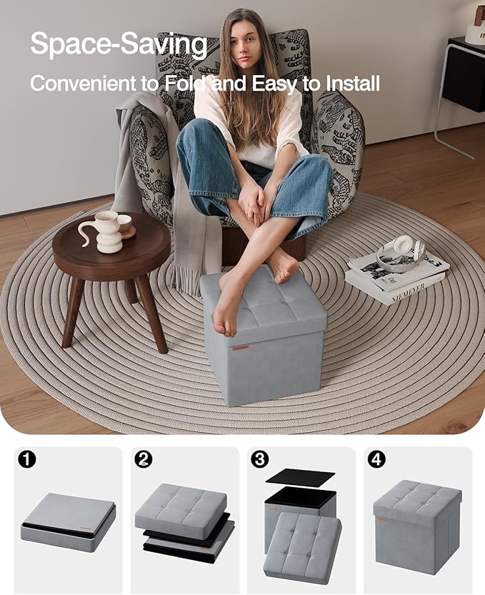 Folding Storage Ottoman, Velvet Storage Bench, Footrest, Footstool, for Living Room, Bedroom and Office,15 x 15 x 15 Inches, 300 kg Load Capacity, Dove Gray UASND04G