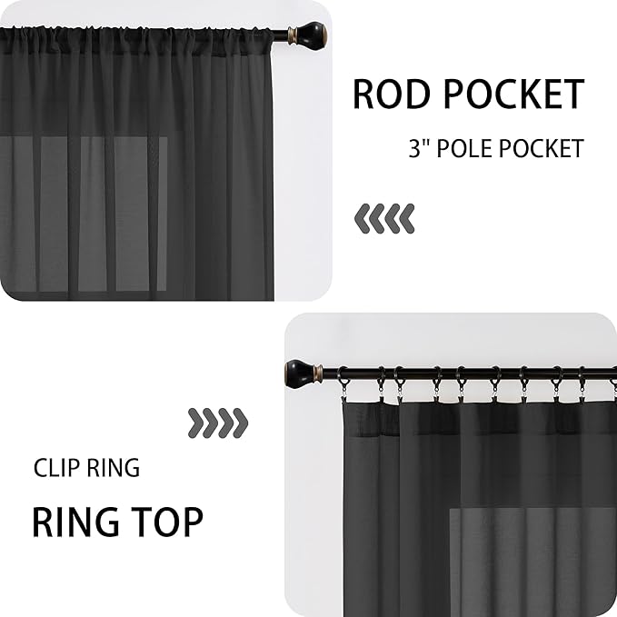 Tollpiz Short Sheer Curtains Closet Linen Textured Curtains Sheer Doorway Light Filtering Voile Patio Glass Door Rod Pocket Curtain French Door, 54 x 40 inches Long, Black, Set of 1 Panel