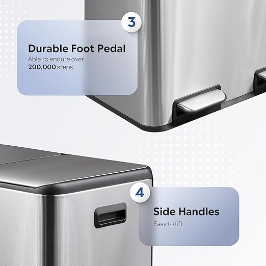WLIVE 2 x 8 Gallon / 2 x 30 Liter Dual Trash Can, Stainless Steel Double Compartment Classified Kitchen Trash Can, with Plastic Inner Buckets, Handles, Soft-Close Lid, Deodorizing Filter Box, Silver.