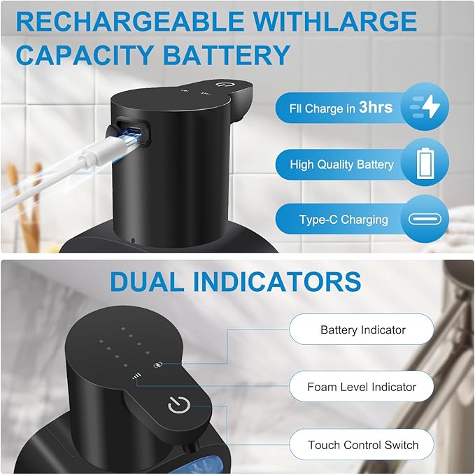 Automatic Foaming Soap Dispenser with 500ml/17oz Capacity, Touchless Soap Dispenser with 4 Level Adjustable, Rechargeable, Wall-Mounted, Waterproof for Kitchen, Bathroom, Hotel, Restaurant