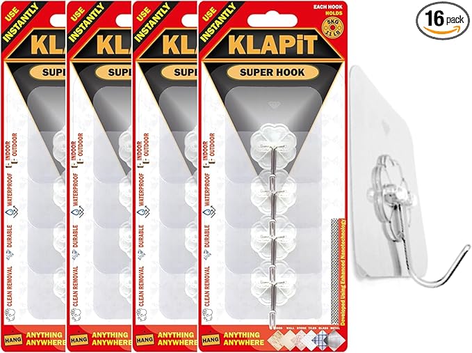 KLAPiT Super Hook - Heavy-Duty Adhesive Clear Wall Hooks, Holds Up to 11 lbs, Waterproof, No Damage, Easy Install on Tile, Wood, Stone, Glass & Metal - Made of Steel (Clear, 16pc)
