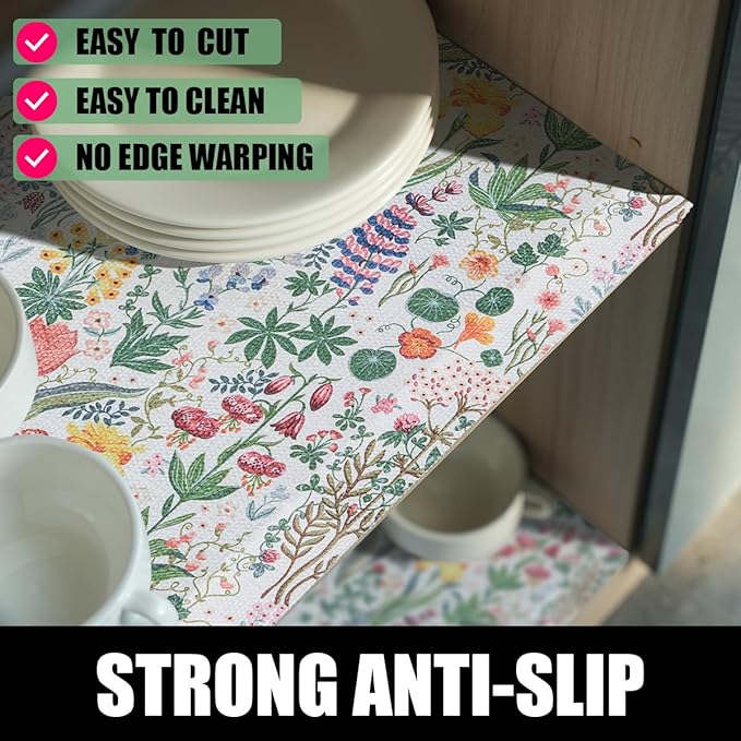 Floral Shelf Drawer Liners, 16IN x 10FT Non Adhesive and Strong Non-Slip Colorful Cabinet Drawer Shelf Liners for Kitchen Wire Fridge, Waterproof Cabinet Liner,Easy to Clean