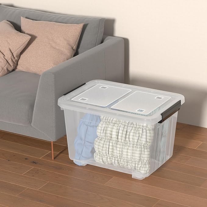 50 Quart Large Plastic Latching Box with Lid, Clear Storage Bin with Wheels, Stackable, 4 Packs