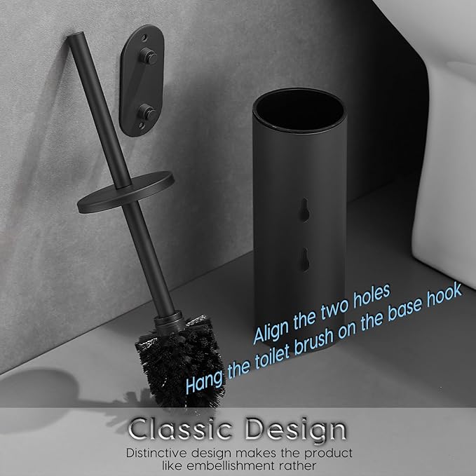 Toilet Bowl Brush and Holder, 304 Stainless Steel No-Punch Hook Base Dual Purpose Toilet Brush Holder with Removable Inner Bucket and Splash Cover - Soft Bristles (Black)
