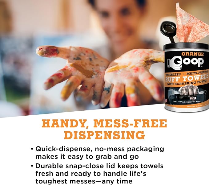 GOOP Orange Heavy Duty Ruff Towels with Scrubbing Power, 10” x 12” Dual Textured Multi-Purpose Cleaning Wipes, Removes Dirt, Grease, Oil, 72 Count (Pack of 2)