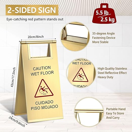 Kigley 2 Pcs Wet Floor Sign, 17 Inch Stainless Steel Caution Wet Floor Sign Double Sided Portable Foldable Bilingual Safety Warning for Hotel Market Restroom Restaurant Office (Gold)