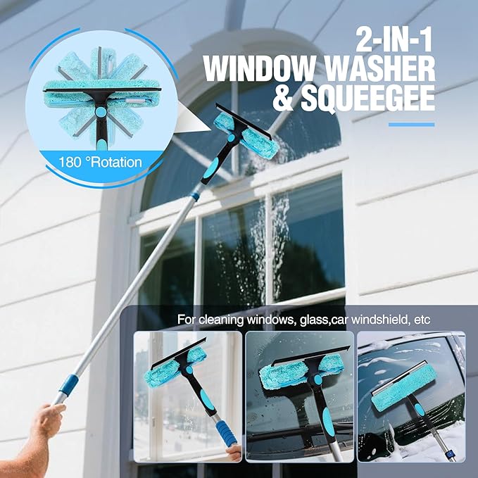 Lineslife Cobweb Duster,Washable Cleaning Duster Kit with Flexible Microfiber Duster Head, 1 * 2-in-1 Window Squeegee, and 1* Ceiling Fan Duster for Home Office Cleaning High Ceilings,Furniture,Roof