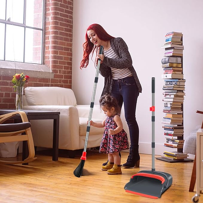 kelamayi Upgrade Broom and Dustpan Set, Broom with Dustpan Combo Set, Large Size and with Long Handle, Upright,Ideal for Indoor Outdoor Garage Kitchen Room Office Lobby Use (Black&Red)