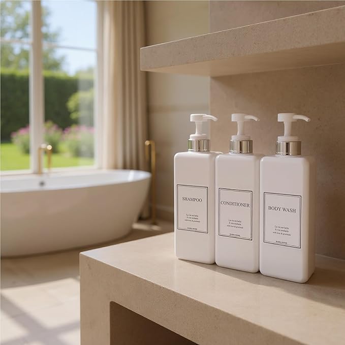 Modern Design Large 27 oz Shampoo and Conditioner Dispensers - Empty Plastic Refillable Pump Bottle Set for Bathroom Shower Soap Dispenser, Set of 3 (White & Silver)