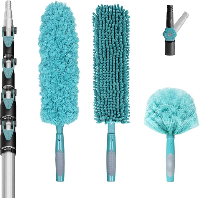36 Foot High-Reach Duster Kit with 7-30FT Extendable Pole - High Ceiling Duster Cleaning Kit with Telescopic Pole,Cobweb Duster, Chenille Ceiling Fan Duster, Microfiber Feather Duster