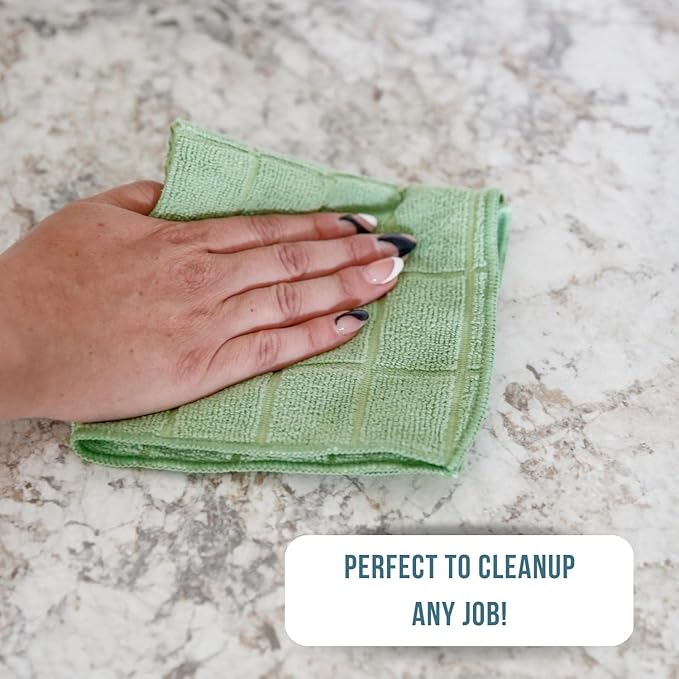 Don Aslett's 12 Piece Microfiber Kitchen Set | 6 Multi-Purpose Wash Cloths, 3 Super Absorbent Kitchen Towels, 3 Scratch-Free Sponges | Lint Free | Green