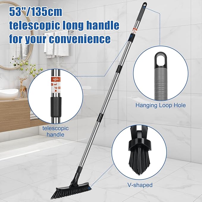 Qaestfy Grout Brush with Long Handle for Cleaning, Stiff Bristles Handheld Tile Scrub Brush, V-Shape Crevice Cleaning Brush for Floor Deep Cleaning