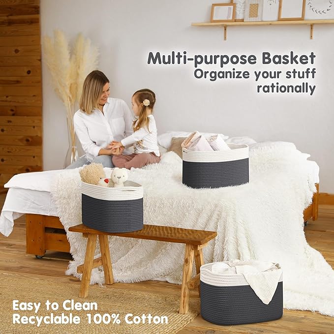 CHAT BLANC Cotton Rope Baskets for Organizing | Storage Baskets for Shelves | Rope Basket for Storage, Small Laundry Baskets, Woven Baskets for Storage, Dog Toy Bin, Baby Basket, White&Graphite 3 Pack