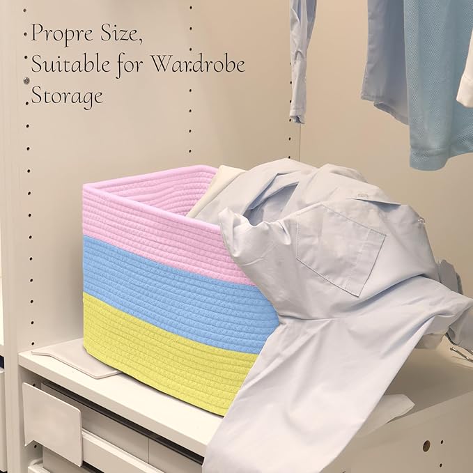Hopegiver Woven Storage Baskets 15x11x10 Inch, 3 Pack Collapsible Cube Storage Bin for Shelves - Foldable Cotton Rope Organizer Bins for Towels, Toys, Books, Closet, Nursery (Pink Blue Yellow)