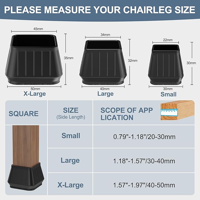 24PCS Square Chair Leg Floor Protectors for Hardwood Floors, Thicken Rubber Chair Leg Cap Covers, Non Slip Furniture Leg Pads to Protect Wood Tile Floors from Scratches and Reduce Noise