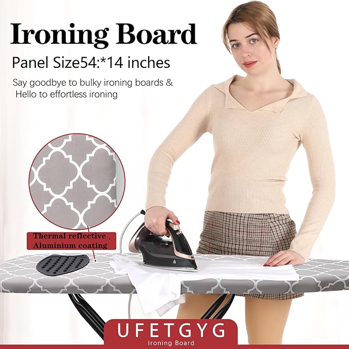 Ironing Board with Silicone Iron Rest pad,Extra Thick Cover,14x54 Compact and Space Saver Iron Board, Height Adjustable,Stable Structure, Easy to Fold, White and Gray