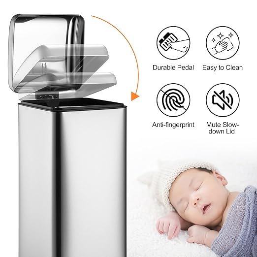 TrailBlaze 8Gallon / 30L Kitchen Trash Can, Stainless Steel Rectangular Pedal Recycle Bin with Soft-Close Lid, Removable Inner Bucket, Fingerprint-Proof, Step Trash Can for Home, Kitchen