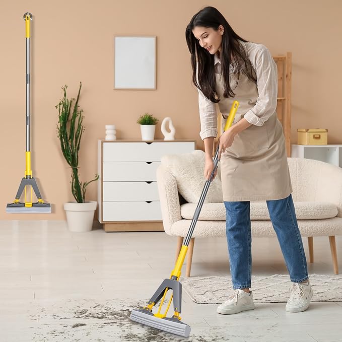 Sponge Mop,Masthome Roller Sponge Mop,Easy Self Squeeze Mop and Stainless Steel Handle,PVA Mops with 3 Absorbent Mop Refills for Home Use Tile Floor Bathroom Cleaning