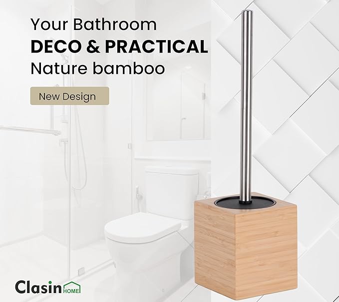 Toilet Bowl Brush Holder with Bamboo and Stainless Steel for Durable Use, Toilet Scrubber Brush with Long Handle for Easy Deep Cleaning, Compact Hidden Bathroom Toilet Cleaner Brush Set