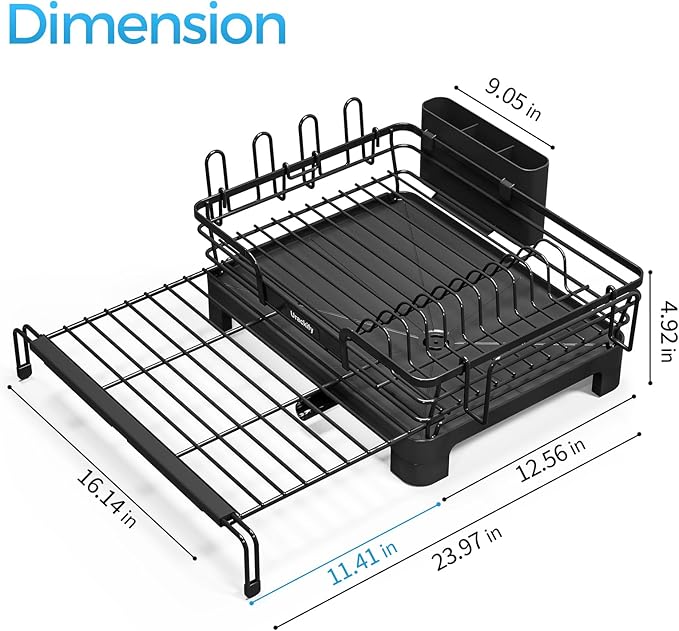Extendable Dish Drying Rack, 2 in 1 Multifunction Dish Rack for Kitchen Counter, Expandable Dish Drainer Over Sink, Large Plate Strainer with Drainboard & Cups Holder