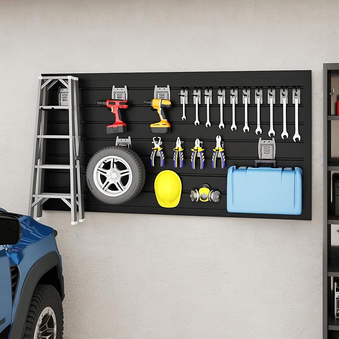 DoCred Slatwall Paneling Organizer, 4x2 FT PVC Garage Slat Wall Storage Systems, Heavy Duty Mounted Slat Peg Board for Tool Organization Ladder Bike Rack (Black)