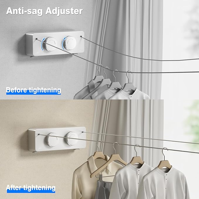Retractable Twin Clothesline Indoor, Non-Sagging Outdoor Clothes Line Retracting Heavy Duty Clothes Drying Laundry Line Wall Mounted Stainless Steel Line-13.8Feets(Double Line-White)
