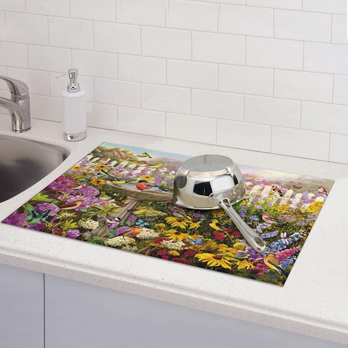 Spring Colorful Birds flowers butterfly Absorbent Microfiber Xl Dish Drying Mat For Kitchen Countertop Extra Large Reversible Drainer Rack Pad 18 X 24 Inch