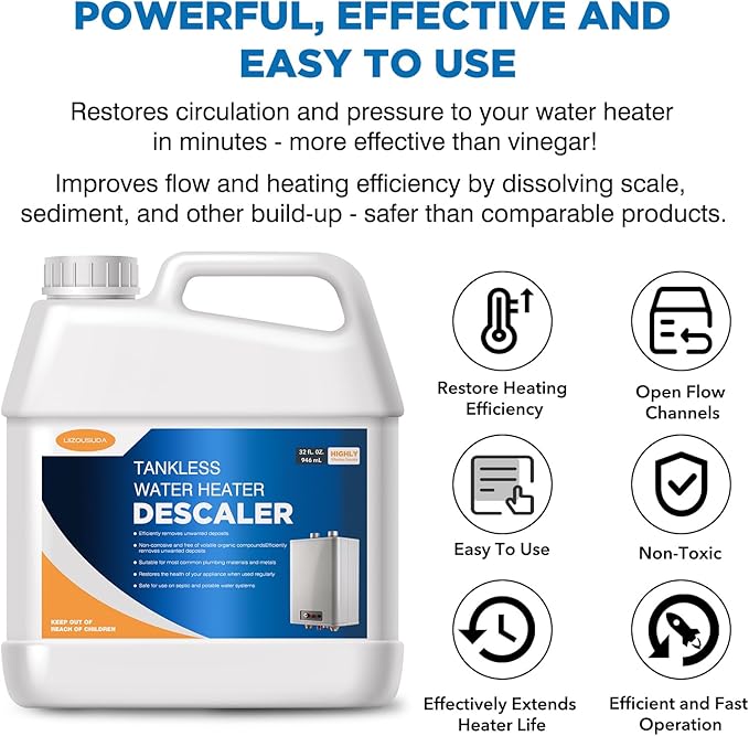Tankless Water Heater Descaler, Highly Effective Descaler Restores Heating Efficiency - for Tankless Water Heater Systems, Restores Heating Efficiency, Easy to Use, Quart, 32 fl oz