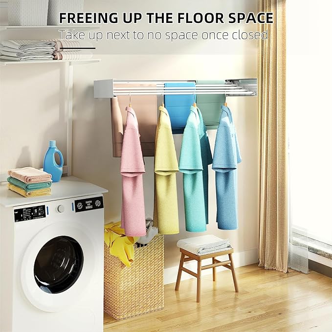 Laundry Drying Rack, Collapsible Wall Mounted Clothes Drying Rack - Foldable,Space Saving, 13.2 Linear Ft, 5 Aluminum Rods, 60 lb Capacity (White, 31.5)