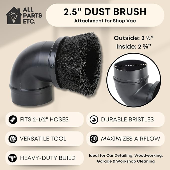 2.5" Dust Brush Attachment Compatible with Shop Vac, Craftsman, and more Wet Dry Vacuum Cleaner Accessory with Nylon Bristles Fits 2-1/2 Inch Hose - for Woodworking, Garage & Workshop Cleaning.