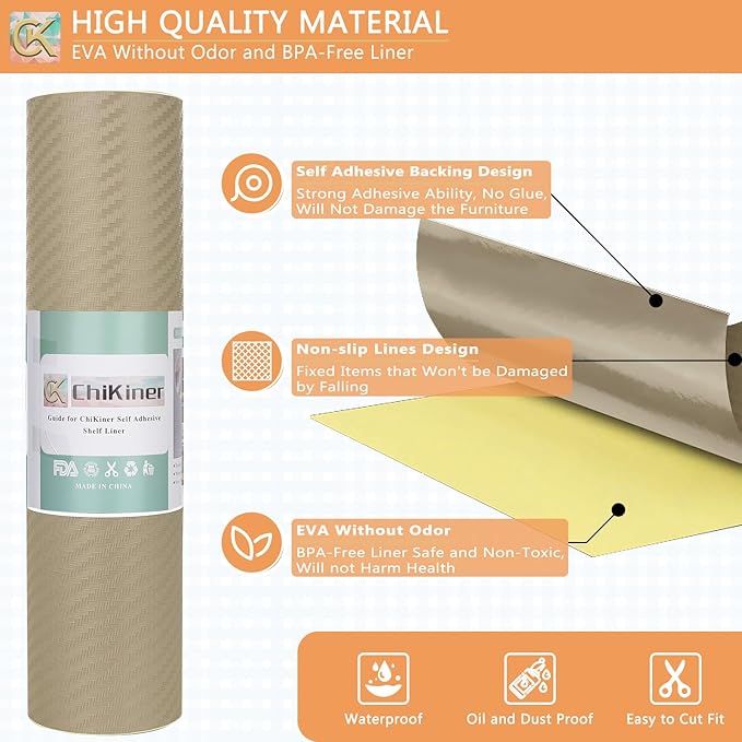 Self-Adhesive Shelf Liner Kitchen Liner, Waterproof Backed Paper Easy Peel and Stick Contact Liner Without Residue for Decor Your Desk Surface, Kitchen Countertops (Dark Khaki, 23.6 x 393.7 inches)