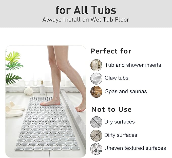 Shower Mat Non Slip Bathtub Mat - 36 x 16 Inch Eco-Friendly Soft Bath Mat for Tub Non Slip Shower Mats for Inside Shower with Suction Cups and Drain Holes, Easy to Clean Quick-Drying, Grey