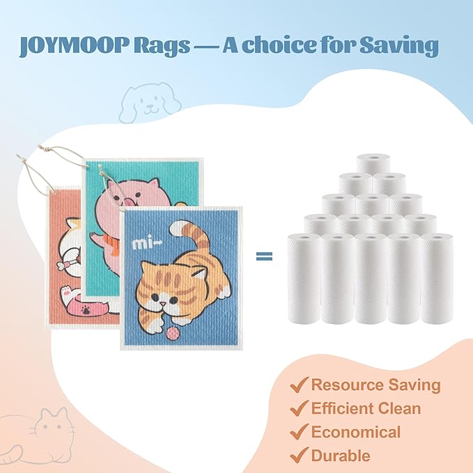 JOYMOOP Cartoon Cellulose Cleaning Cloth, Reusable Absorbent Dish Towels, Non-Scratch Washable Rags for Cookware, Kitchen and Household Cleaning - 6pcs, 6.7×7.9inch