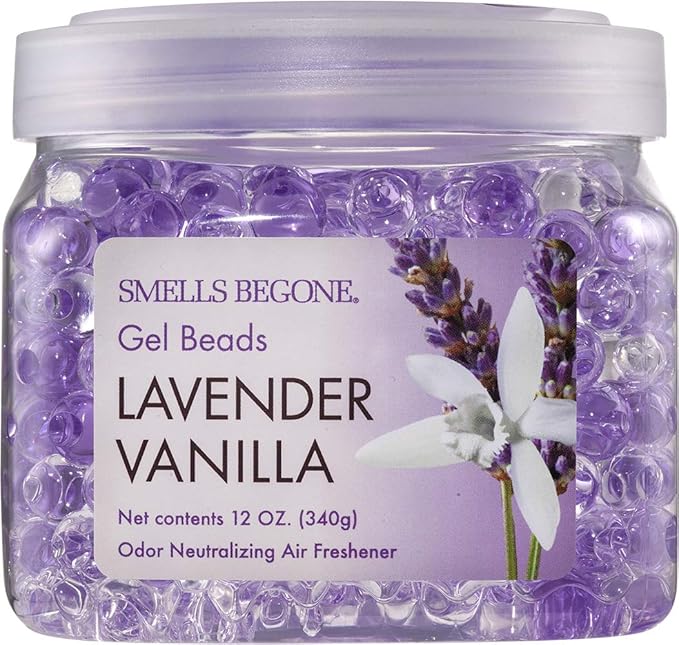SMELLS BEGONE Odor Eliminator Gel Beads - Air Freshener - Eliminates Odor in Bathrooms, Cars, Boats, RVs & Pet Areas - Made with Essential Oils - Lavender Vanilla Scent - 12 Ounce