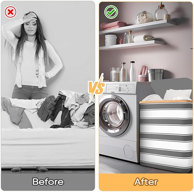 BALEINE Laundry Hamper with Lid, Tall Laundry Baskets with Bamboo Pull Handles, Large Laundry Bin with Internal Support (36 Gal/140L, Grey Stripe)
