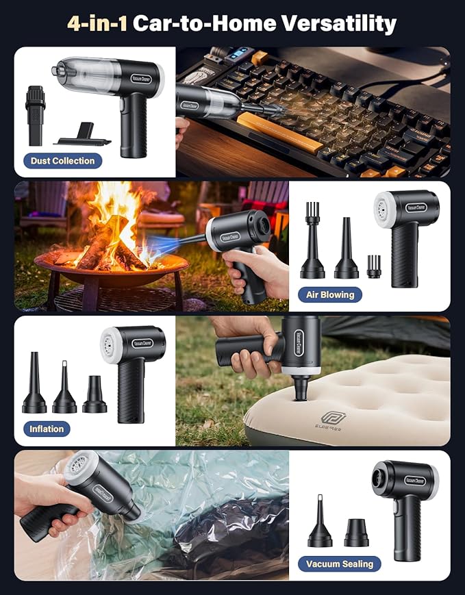 Car Vacuum Portable Cordless, 16000Pa Handheld Vacuum Mini Vacuum Cleaner High Power with Best Suction Brushless Motor, 4 in 1 2-Speed Air Duster Portable Vacuum for Car Keyboard Pet Hair