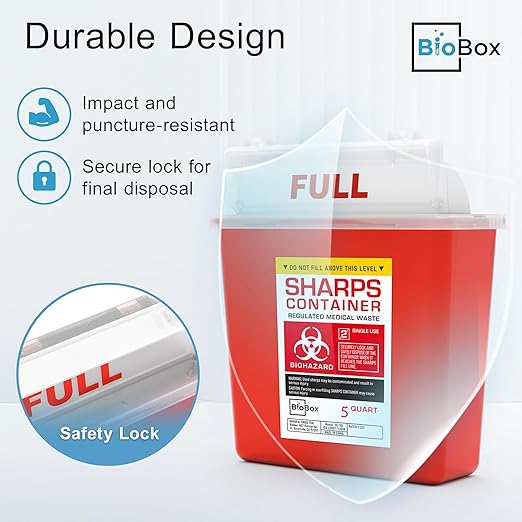 Sharps Container Large - Sharps Containers for Home Use and Labs - Portable Needle Disposal and Travel Size Biohazard Bin - 5 Quart Plus (Pack of 1)