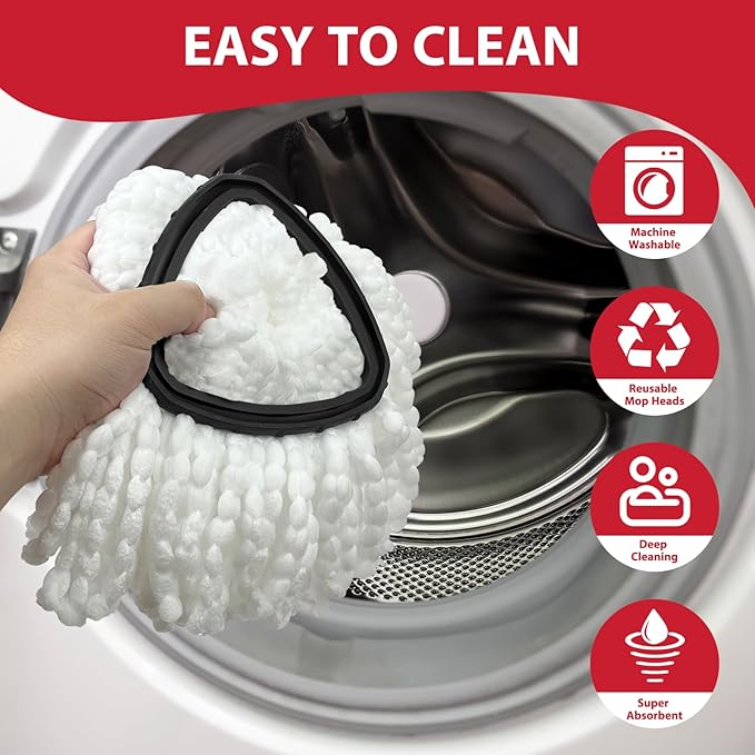 Spin Mop Replacement Set for O-Ceda EasyWring 1-Tank System, Includes 2 Mop Head Replacement, 1 Mop Handle (30-58in Adjustable 4-Section Pole), 1 Scrubber Head, 1 Spin Base