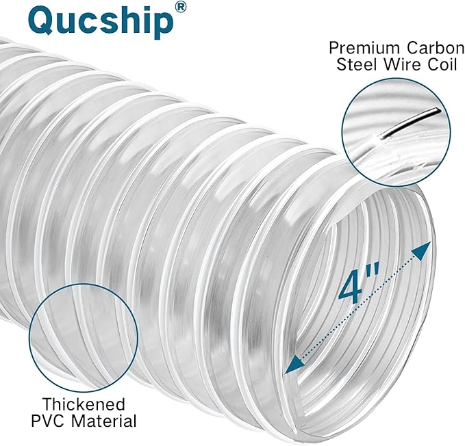 Heavy PVC Dust Collection Hose 4" x 10', Flexible Clear PVC Fume Collection Hose, Puncture-Resistant, Reinforced With Coated Wire Helix